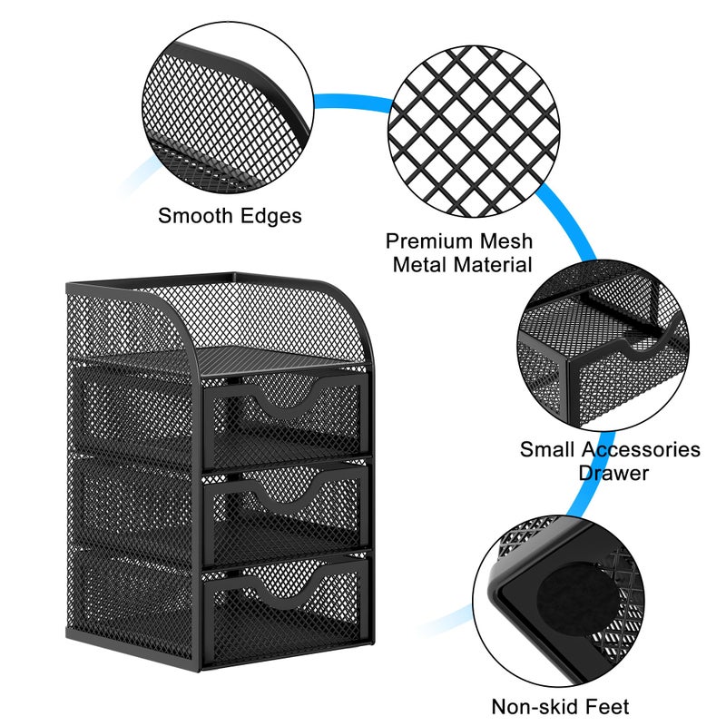 EasyPAG Mesh Desk Organizer with 3 Drawer Office Desktop Organizers and Accessories Stationery Caddy for Office, Home, Students, Black - Image 3